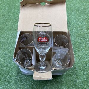 Stella Artois Belgium Beer Drinking Glass Set of 6 Gold Rimmed Chalice Glassware